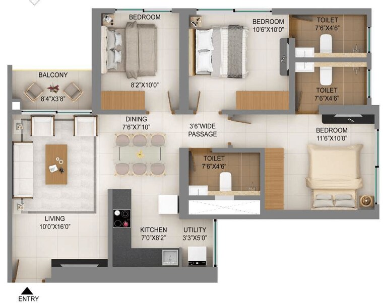 Floor Plan, shapoorji-pallonji-northern-lights 2 Bedroom 734 Sq.Ft. Apartment In Pokhran Road No Two Thane 10445309