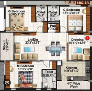 Floor Plan in 3 BHK Apartment at Hallmark Gardenia, Neknampur – for Sale
