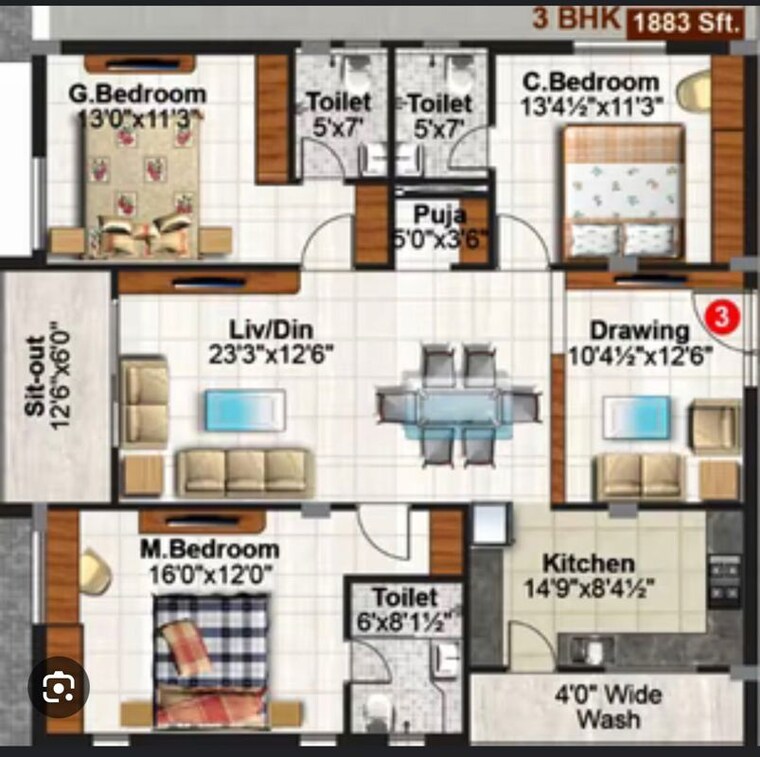 Floor Plan, hallmark-gardenia 3 Bedroom 1883 Sq.Ft. Apartment In Neknampur Hyderabad 10454407