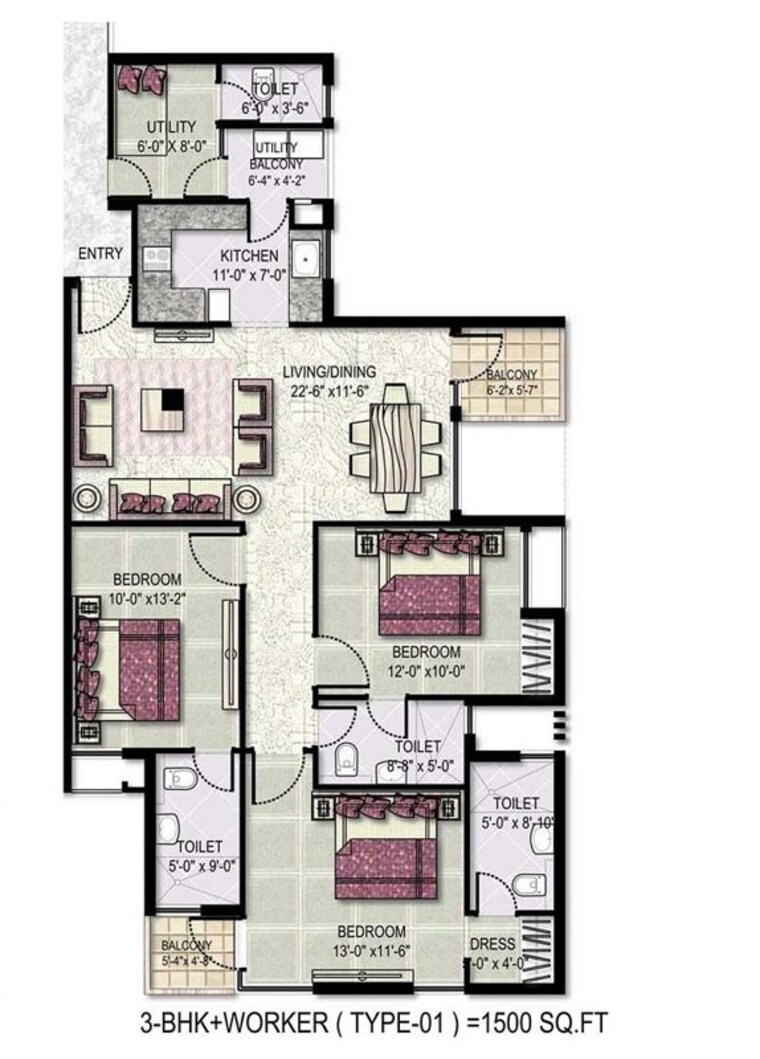 Floor Plan, jaypee-kensington-park-apartments 3.5 Bedroom 1640 Sq.Ft. Apartment In Sector 133 Noida 10455081