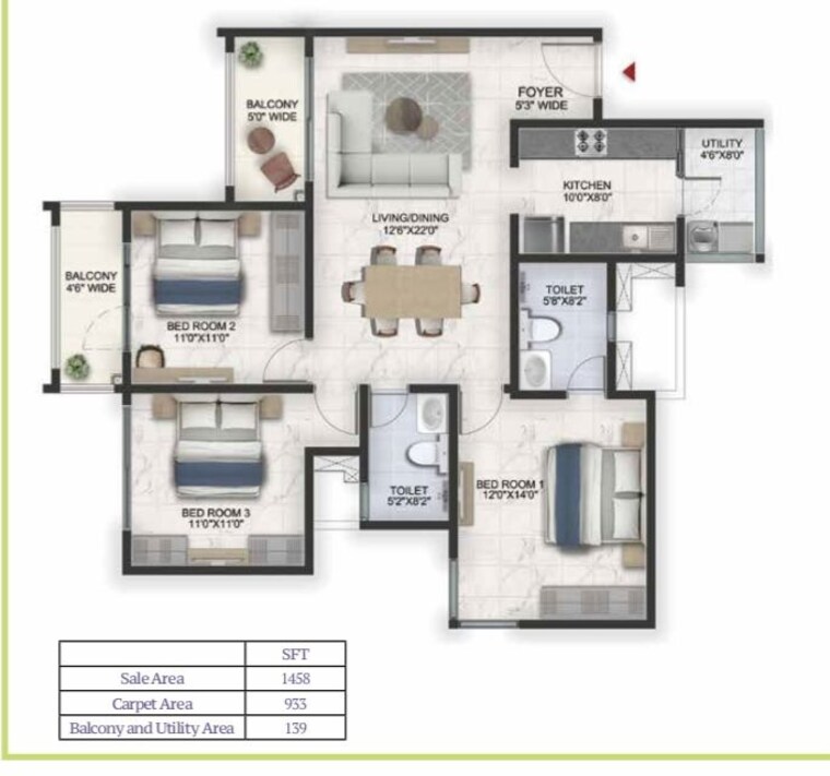 Floor Plan, prestige-lavender-fields 3 Bedroom 1458 Sq.Ft. Apartment In Varthur Bangalore 10459922