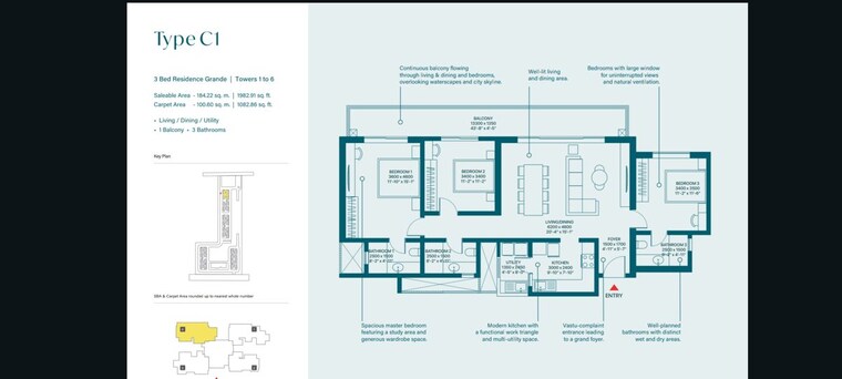 Floor Plan, sobha-rivana 3 Bedroom 1982 Sq.Ft. Apartment In Sector 1 Greater Noida Greater Noida 10462092