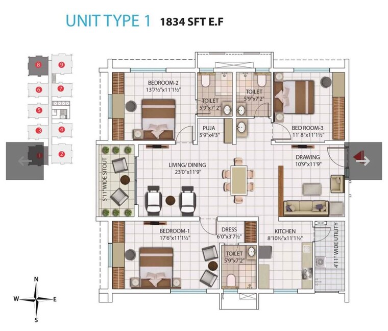 Floor Plan, my-home-avatar 3 Bedroom 1836 Sq.Ft. Apartment In Gachibowli Hyderabad 10462287