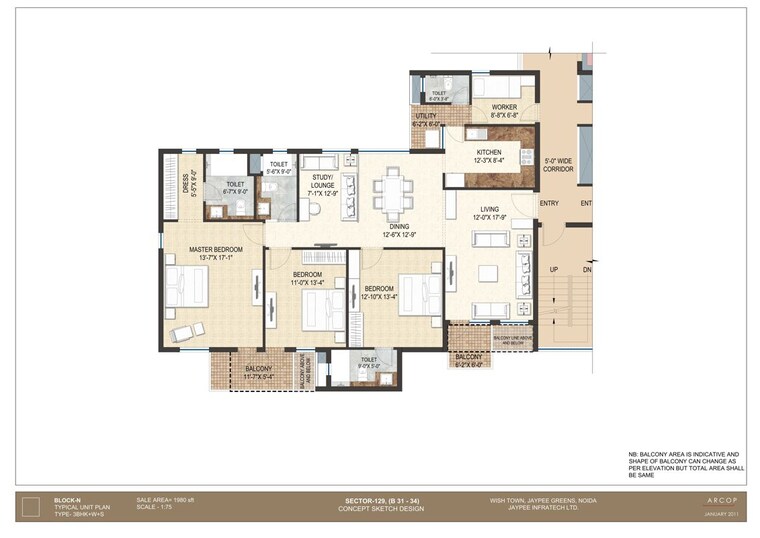 Floor Plan, jaypee-krescent-homes-phase-ii 3.5 Bedroom 2130 Sq.Ft. Apartment In Sector 129 Noida 10472086