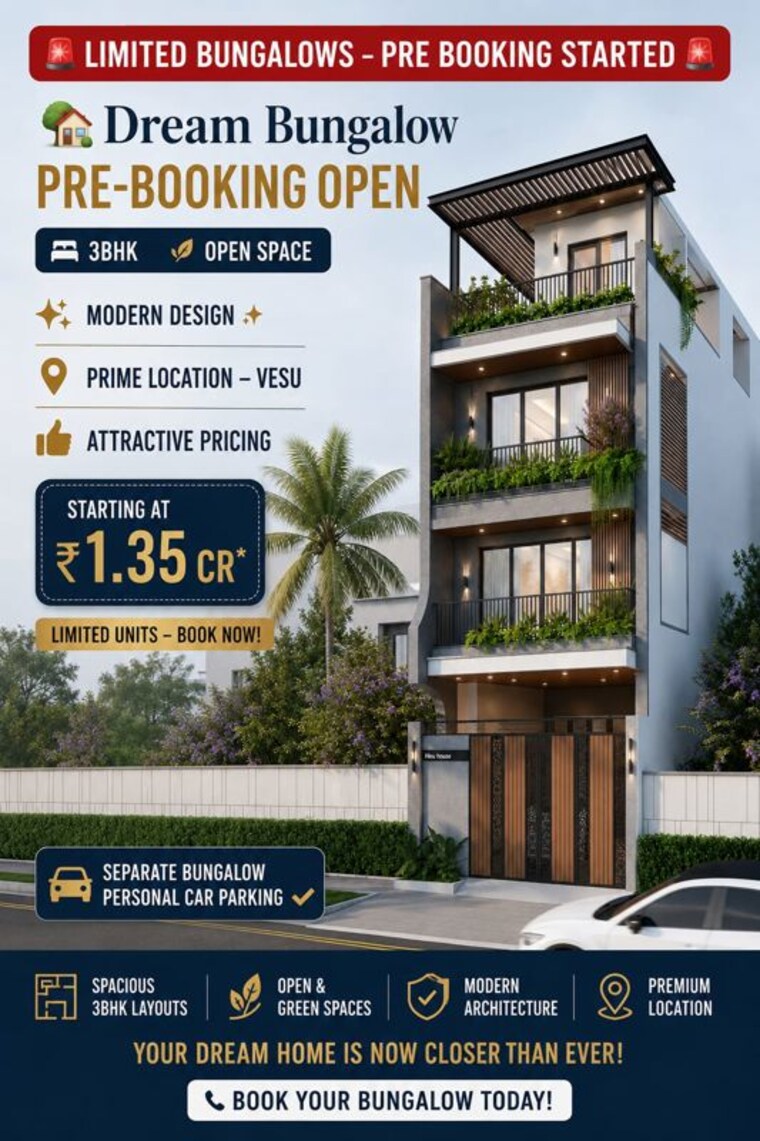 Exterior View, vesu 3 Bedroom 102 Sq.Yd. Villa In Vesu Surat 10481383