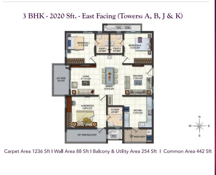 Floor Plan, narsingi 3 Bedroom 2020 Sq.Ft. Apartment In Narsingi Hyderabad 10481457