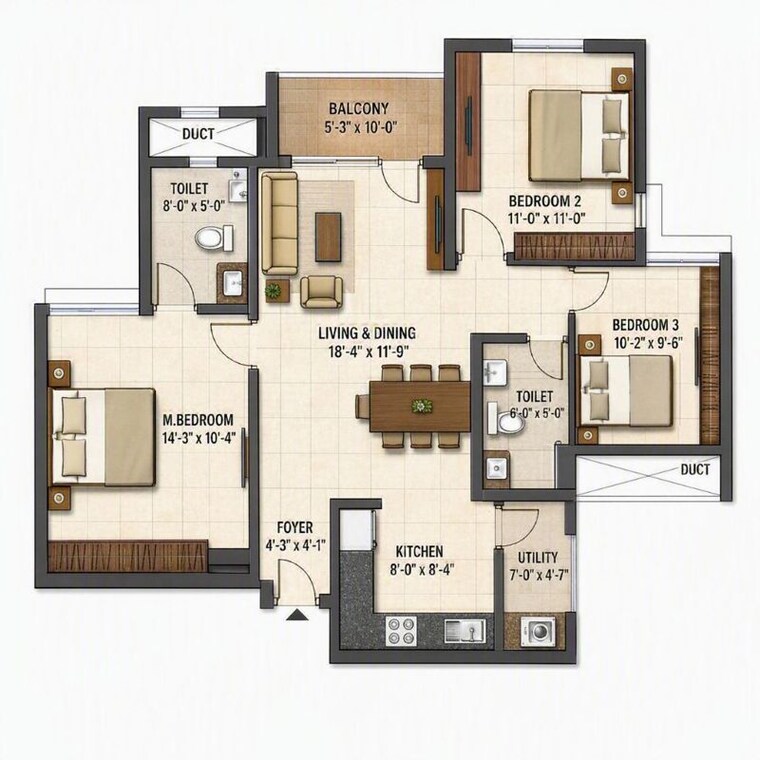 Floor Plan, tvs-emerald-jardin 3 Bedroom 1273 Sq.Ft. Apartment In Singasandra Bangalore 10481499