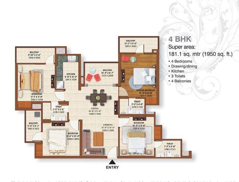 Floor Plan, ace-platinum 4 Bedroom 1950 Sq.Ft. Apartment In Zeta I Greater Noida Greater Noida 10481692