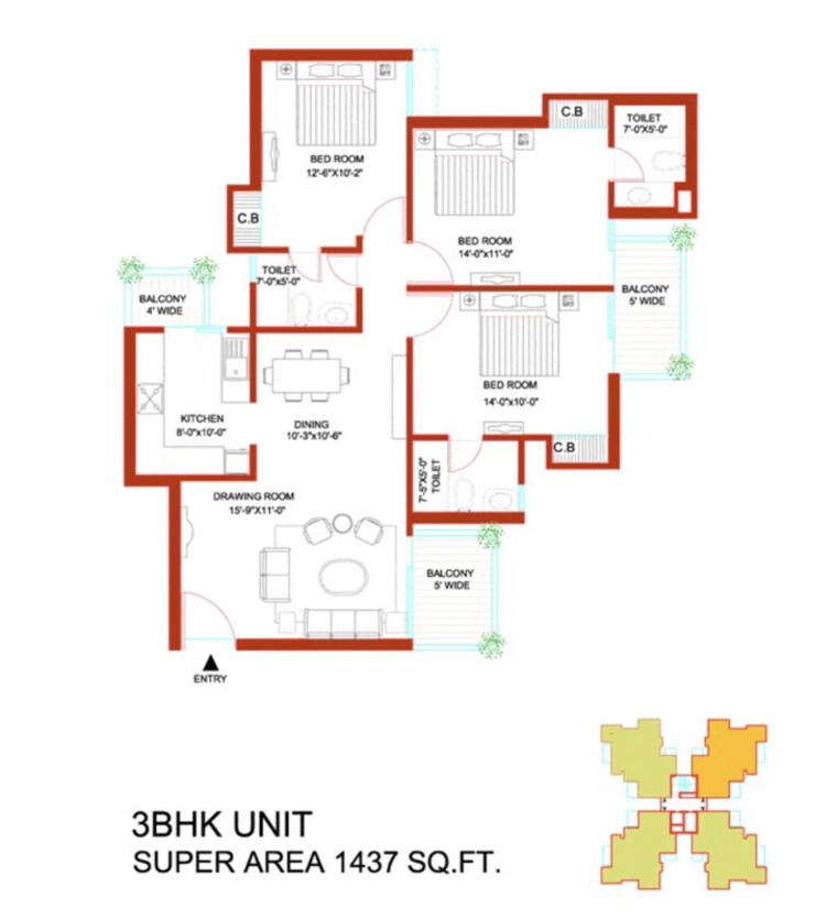 Floor Plan, tulip-orange 3 Bedroom 1437 Sq.Ft. Apartment In Sector 70 Gurgaon 10487838