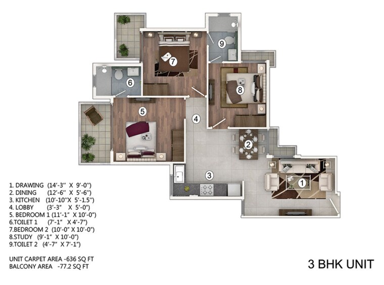 Floor Plan, pivotal-paradise 3 Bedroom 713 Sq.Ft. Apartment In Sector 62 Gurgaon 10489551
