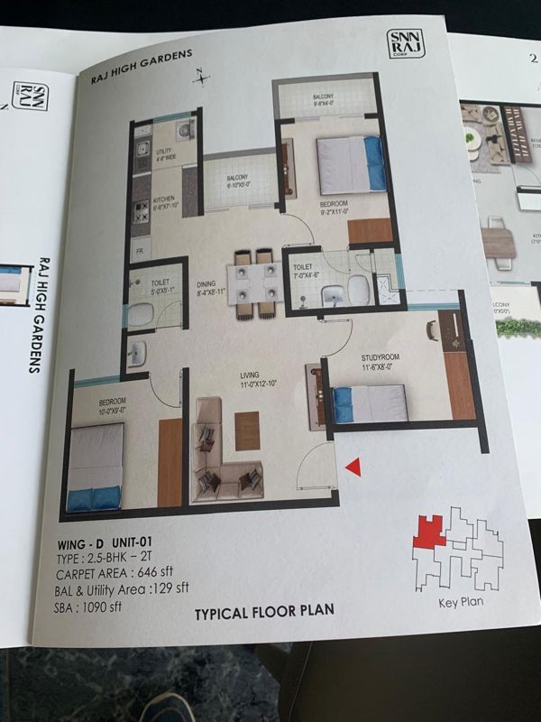 2.5 BHK + Study Room 1090 Sq.Ft. Apartment in SNN Raj High Gardens