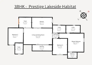Floor Plan in 3 BHK Apartment at Prestige Lakeside Habitat, Varthur – for Sale