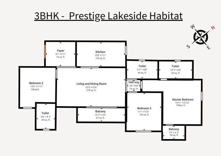 Floor Plan, prestige-lakeside-habitat 3 Bedroom 1655 Sq.Ft. Apartment In Varthur Bangalore 10502177