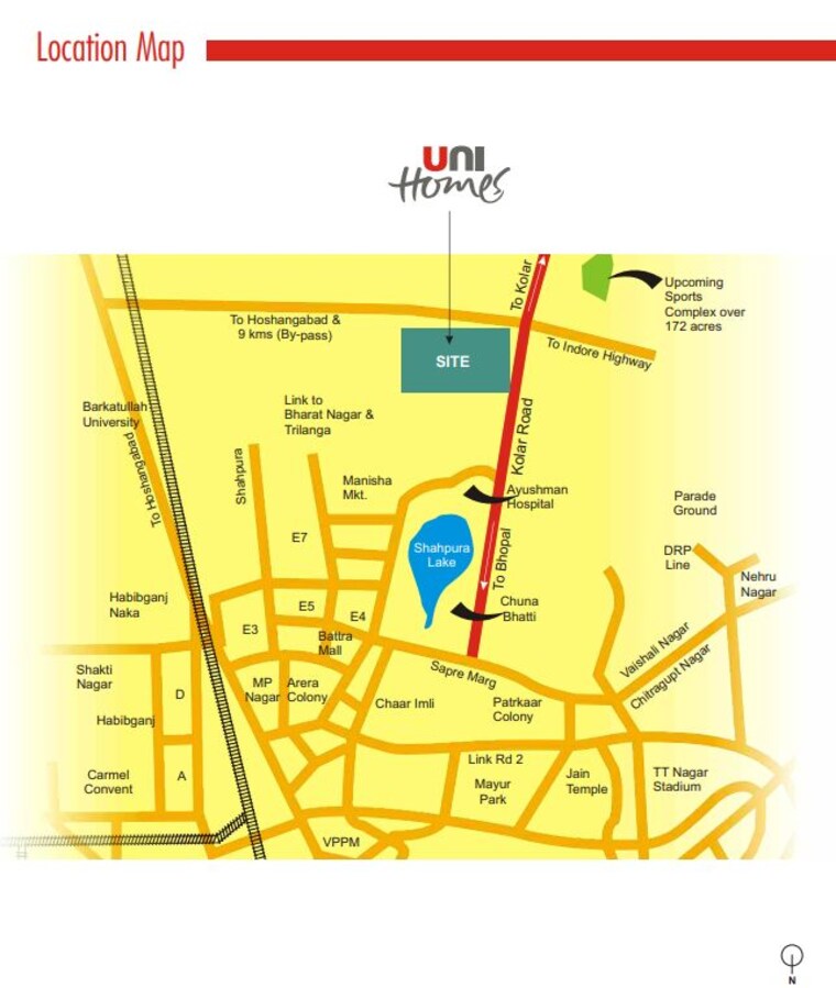 Map Location, unitech-unihomes-bhopal 3 Bedroom 1298 Sq.Ft. Apartment In Gehun Kheda Bhopal 10503279