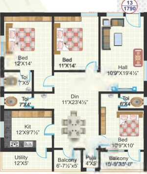 Floor Plan in 3 BHK Apartment at Akruthi Srinivasam, Nizampet – for Sale