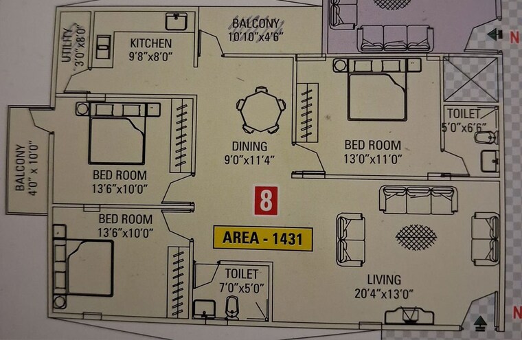 Floor Plan, m-s-garden 3 Bedroom 1431 Sq.Ft. Apartment In Gottigere Bangalore 10372057
