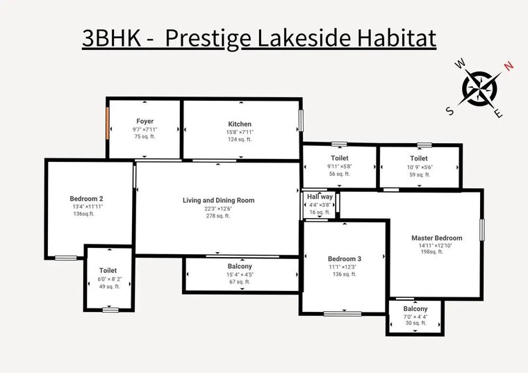 Floor Plan, prestige-lakeside-habitat-apartments 3 Bedroom 1655 Sq.Ft. Apartment In Gunjur Bangalore 10508957