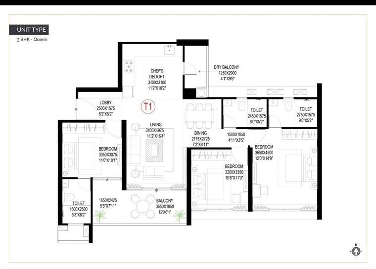 Floor Plan, goel-ganga-imperia 3 Bedroom 1370 Sq.Ft. Apartment In Nibm Annexe Pune 10059316