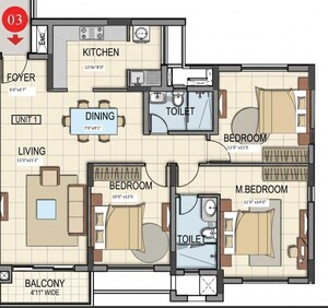 Floor Plan in 3 BHK Apartment at BSCPL Bollineni Silas, Whitefield – for Sale