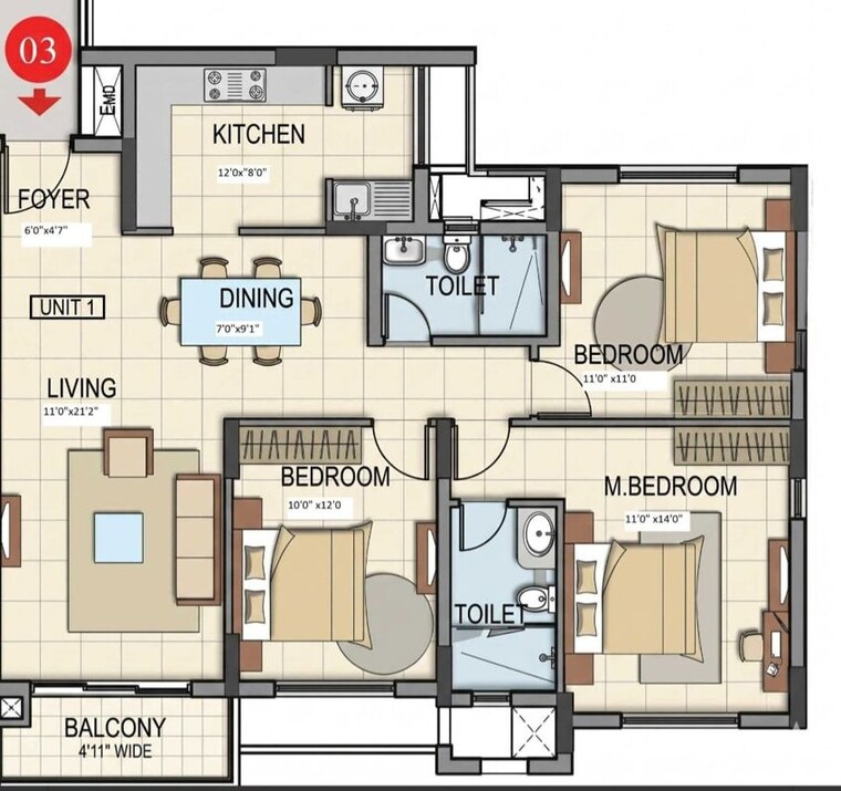 Floor Plan, bscpl-bollineni-silas 3 Bedroom 1390 Sq.Ft. Apartment In Whitefield Bangalore 10510064