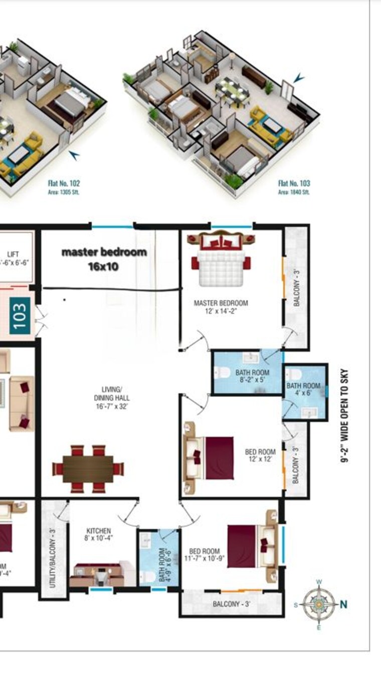Floor Plan, happy-home-fortuna 3 Bedroom 1840 Sq.Ft. Apartment In Attapur Hyderabad 10513158