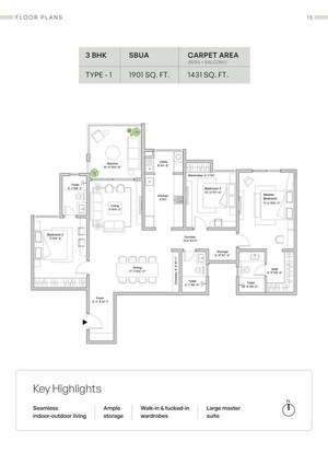 Floor Plan in 3 BHK Apartment at Assetz Mizumi Reserve, Kudlu – for Sale