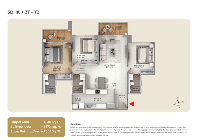 Floor Plan, puravankara-purva-silver-sky 3 Bedroom 1864 Sq.Ft. Apartment In Electronic City Phase ii Bangalore 10515443