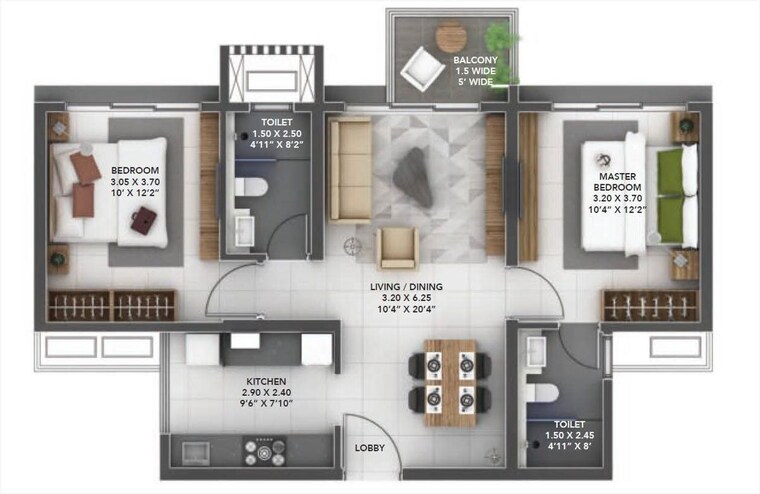 Floor Plan, amanora-gold-towers 2 Bedroom 980 Sq.Ft. Apartment In Hadapsar Pune 10519635