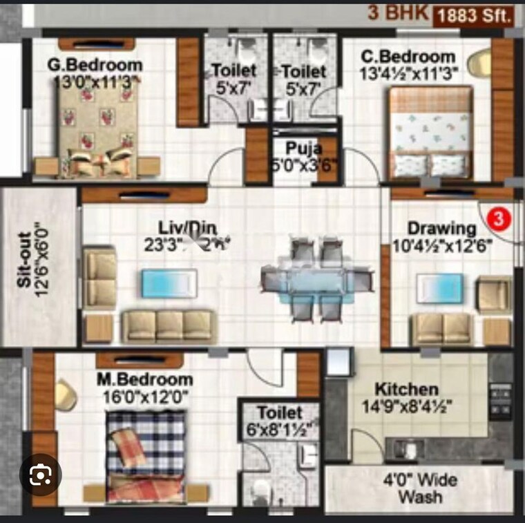 Floor Plan, hallmark-gardenia 3 Bedroom 1883 Sq.Ft. Apartment In Neknampur Hyderabad 10524114