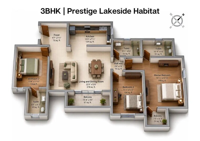 Floor Plan, prestige-lakeside-habitat 3 Bedroom 1655 Sq.Ft. Apartment In Varthur Bangalore 10526141
