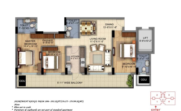 Floor Plan, dlf-the-skycourt 3 Bedroom 1930 Sq.Ft. Apartment In Sector 86 Gurgaon 10526489