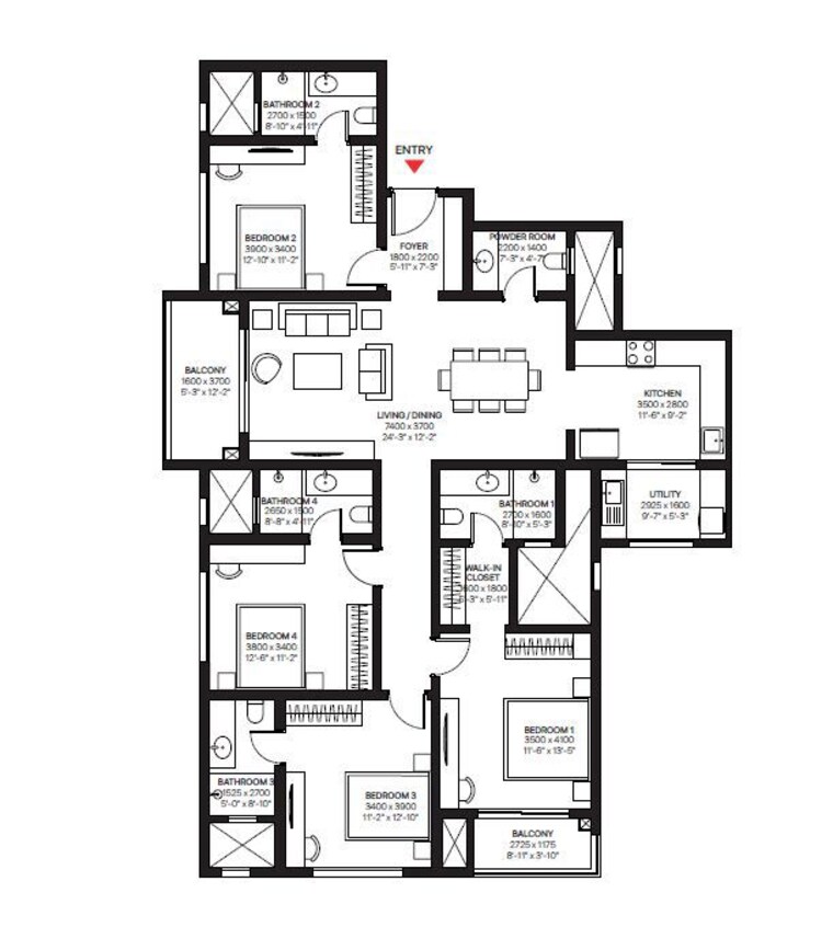 Floor Plan, sobha-one-residences 4 Bedroom 2096 Sq.Ft. Apartment In Hoskote Bangalore 10530917