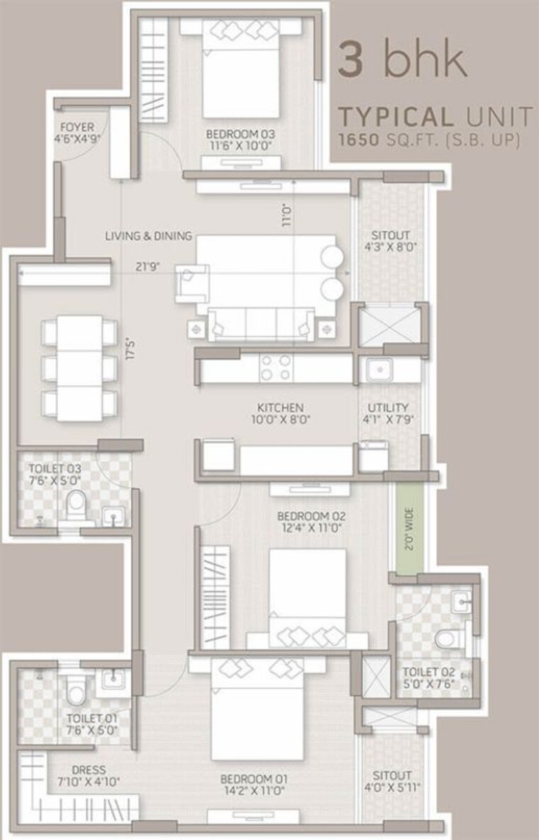 Floor Plan, goyal-orchid-salisbury 3 Bedroom 1650 Sq.Ft. Apartment In Thanisandra Bangalore 10518716