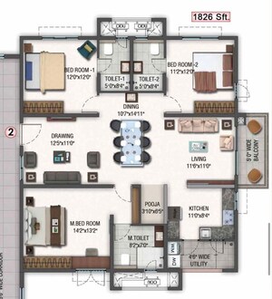 Floor Plan in 3 BHK Apartment at Aparna Zenon, Puppalaguda – for Sale