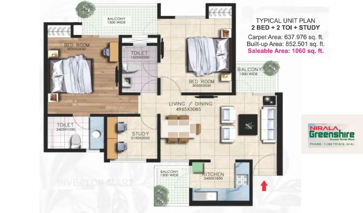 2.5 BHK 1060 Sq.Ft. Apartment in Nirala Greenshire