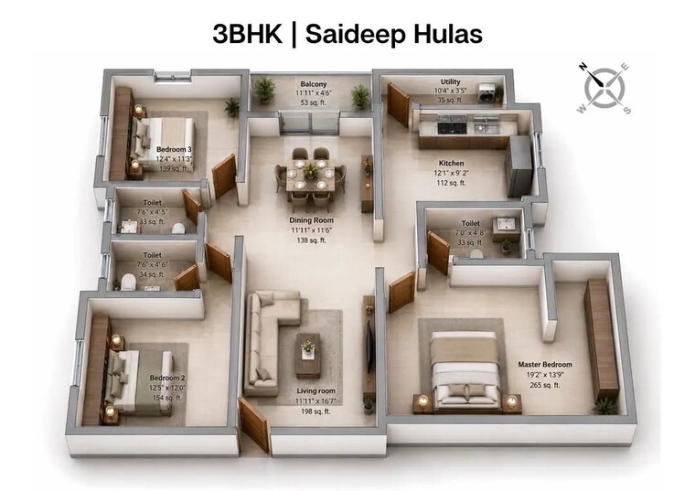 Floor Plan, saideep-hulas 3 Bedroom 1705 Sq.Ft. Apartment In Old Madras Road Bangalore 10542431