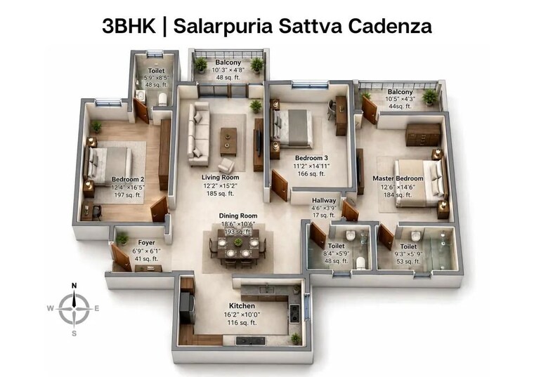 Floor Plan, salarpuria-sattva-cadenza 3.5 Bedroom 1850 Sq.Ft. Apartment In Kudlu Gate Bangalore 10548496