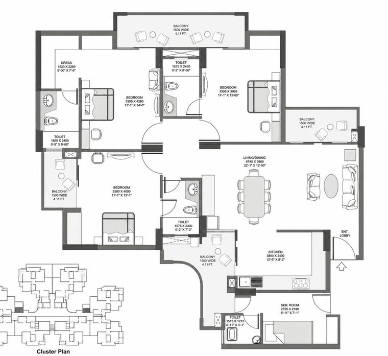 Floor Plan, purvanchal-royal-city 3.5 Bedroom 1957 Sq.Ft. Apartment In Chi V Greater Noida Greater Noida 10551926
