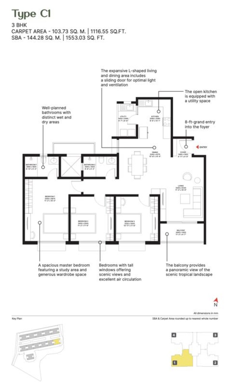 Floor Plan, sobha-ayana 3 Bedroom 1553 Sq.Ft. Apartment In Panathur Bangalore 10555255