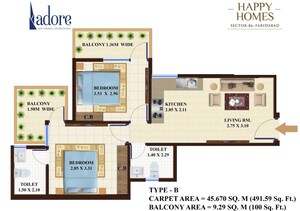 Floor Plan in 2 BHK Apartment at Auric Happy Homes, Sector 86 – for Sale