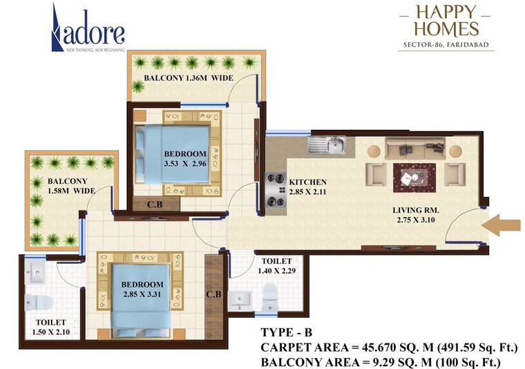 Floor Plan, auric-happy-homes 2 Bedroom 595 Sq.Ft. Apartment In Sector 86 Faridabad 10560285