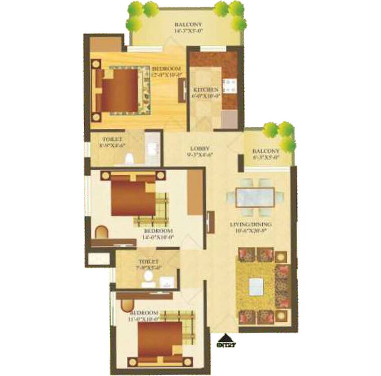 Floor Plan, sare-home 3 Bedroom 1326 Sq.Ft. Apartment In Sector 92 Gurgaon 10034675
