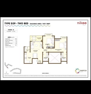 Floor Plan in 2 BHK Apartment at Bhartiya Nikoo Homes Phase 2, Thanisandra Main Road – for Sale