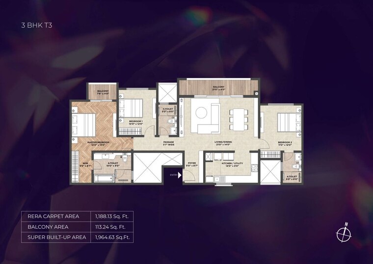 Floor Plan, puravankara-purva-silver-sky 3 Bedroom 1864 Sq.Ft. Apartment In Electronic City Phase ii Bangalore 10579185