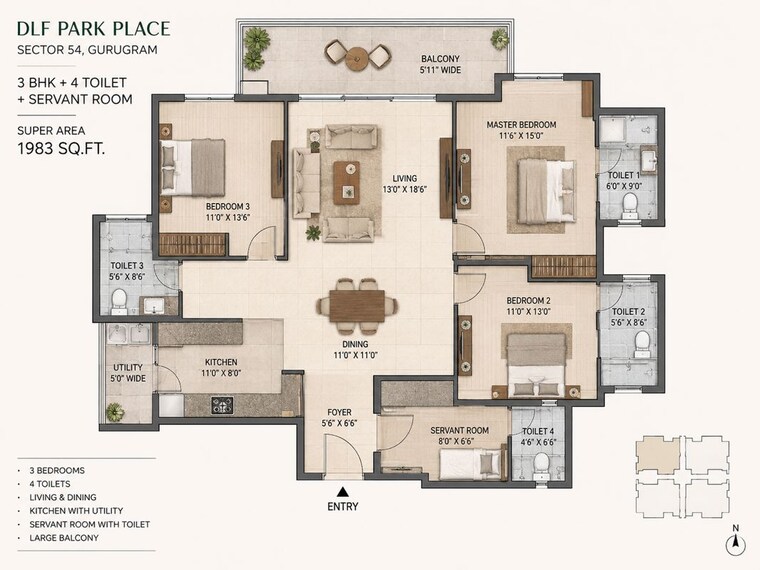 Floor Plan, dlf-park-place 3 Bedroom 1983 Sq.Ft. Apartment In Sector 54 Gurgaon 10581168