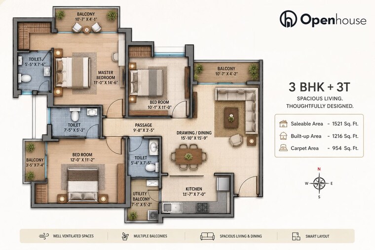 Floor Plan, aba-cherry-county 3 Bedroom 1521 Sq.Ft. Apartment In Tech Zone 4 Greater Noida Greater Noida 10583485