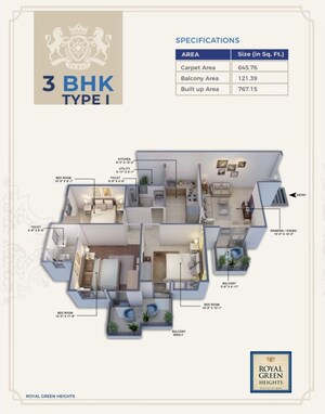 Floor Plan in 3 BHK Apartment at Royal Green Heights, Sector 62 – for Sale