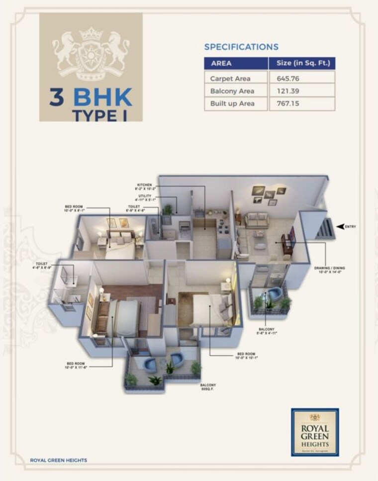 Floor Plan, royal-green-heights 3 Bedroom 1010 Sq.Ft. Apartment In Sector 62 Gurgaon 10586279