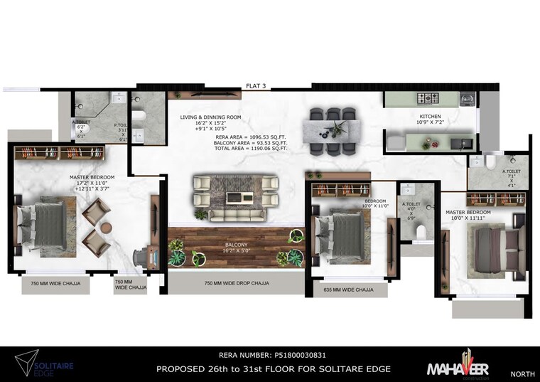 Floor Plan, mahaveer-solitaire-edge 3 Bedroom 1040 Sq.Ft. Builder Floor In Kandivali East Mumbai 10586937