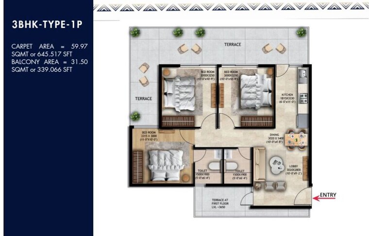 Floor Plan, nowara-nakshatra 3 Bedroom 1245 Sq.Ft. Apartment In Farukh Nagar Sector 3 Gurgaon 10587065